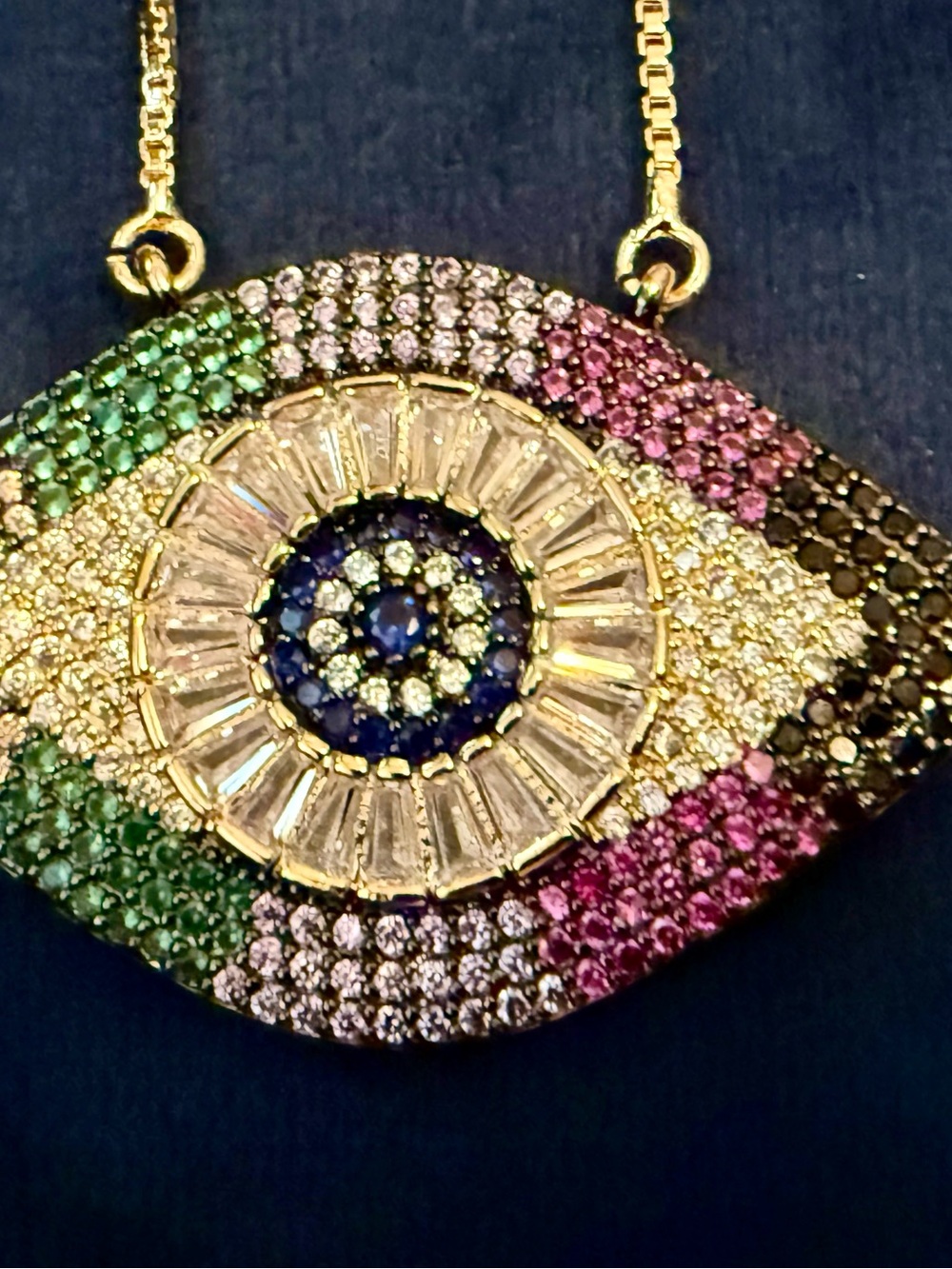 Colorful Evil Eye Pavé CZ Pendant Necklace Adjustable Gold Tone Rainbow Crystal